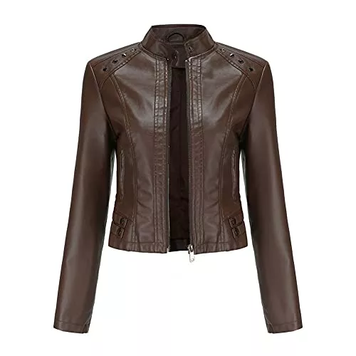 YYNUDA Jacken YYNUDA Damen Lederjacke Kurz Bikerjacke Stehkragen Reißverschluss Leder Jacke Übergangsjacke für Herbst Frühling