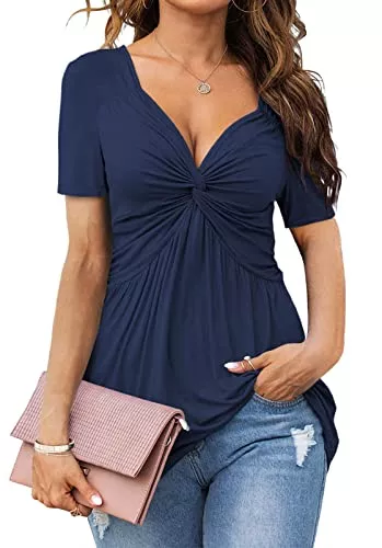Tankaneo Kurzarmblusen Tankaneo Damen V Ausschnitt Elegant Blusenshirt Front Knotted T-Shirt Kurzarm Dame Tunika Blusen Tops Oberteile