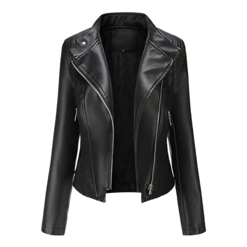 YYNUDA Jacken YYNUDA Damen Lederjacke Kurz Bikerjacke Reverskragen Reißverschluss Leder Jacke Übergangsjacke Kurze Jacke