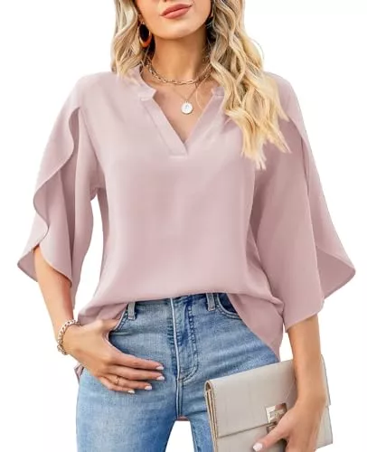 BAISHENGGT Langarmblusen BAISHENGGT Prinzessin Anna Blusen Tuniken für Damen Sommer Chiffon Tops 3/4-Arm V-Ausschnitt Shirt Streetwear Bluseshirt Oberteile