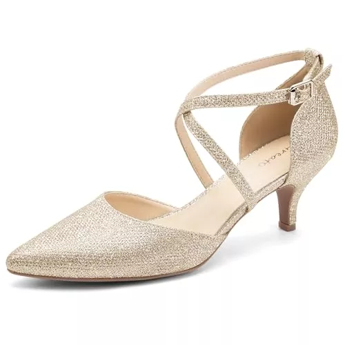 Greatonu High Heels Greatonu Women's Pointed Toe Court Shoes with Ankle Strap and Kitten Heel