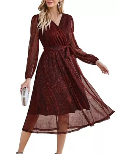 GRACE KARIN Cocktail GRACE KARIN Damen Abendkleider Elegant für Hochzeit Glitzer Cocktailkleid Knielang A-Line Dünner Langarm Festliche Kleid mit Gürtel