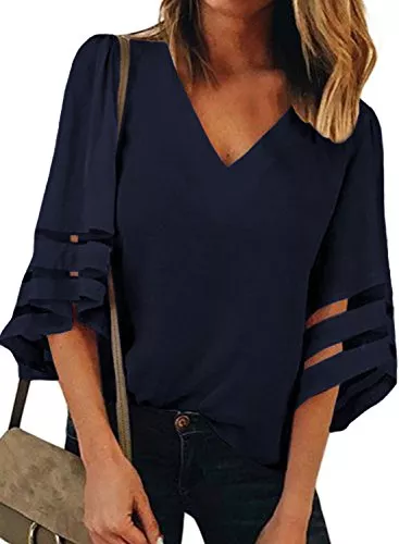 Dokotoo Langarmblusen Dokotoo Bluse Damen Elegant 3/4 Arm V-Ausschnitt Tunika Damen Sommer Spitzen Oberteile Chiffon Bluse Damen Mode Leger Locker Tops Shirt S-XXL