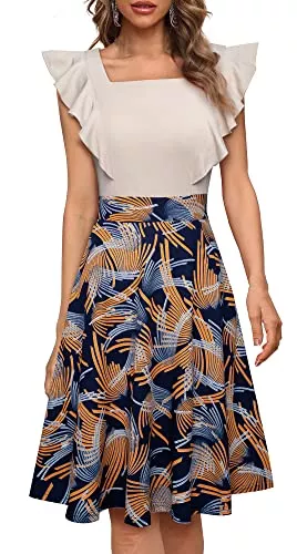 HOMEYEE Cocktail HOMEYEE Damen Elegant Rüschenärmel Rockabilly Knielang Blumen Party Cocktailkleid mit Taschen A312