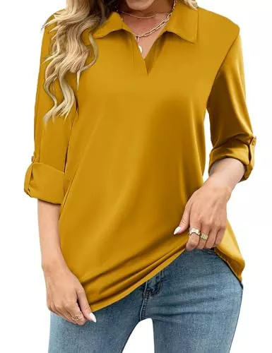 Tanmolo Langarmblusen Tanmolo Damen Bluse V-Ausschnitt 3/4 Ärmel Hemd Elegant Langarm Casual Oberteile Aufrollbaren Ärmeln Locker Blusen