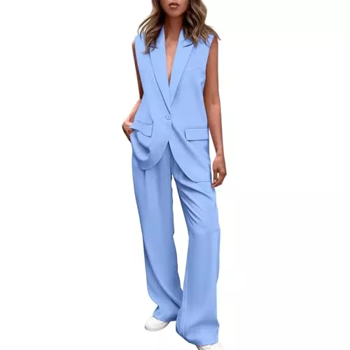 Awrvia Kostüme Awrvia Zweiteiler Damen Elegant Zweiteiliger Leichter Atmungsaktive Anzug Set Vintage Ärmellos Blazer V-Ausschnitt Weste und Hose 2 Stück Casual Festliche Große Größe Outfit Sets Slim Fit Streetwear