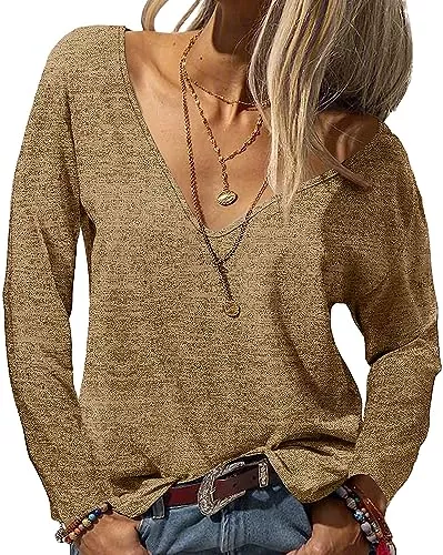 YBENLOVER Langarmblusen YBENLOVER Damen Langarmshirt V-Ausschnitt Shirt Casual Einfabrig Oberteile Langarm Tops