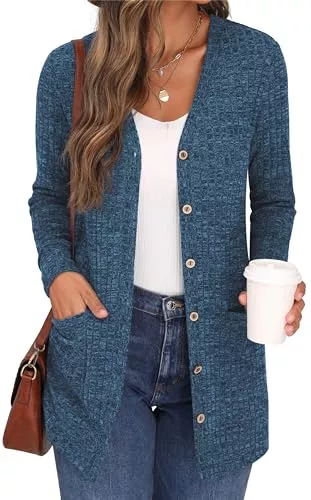 GRECERELLE Strickjacken GRECERELLE Damen Leichte Strickjacke Lang mit Taschen und Knöpfen Long Elegant Cardigan V-Ausschnitt Knopfleiste mit Taschen für Damen
