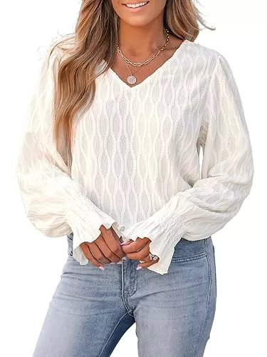 CUPSHE Langarmblusen CUPSHE Damen Blusen V Ausschnitt Rückenschlitz Langarm Spitze Oberteil Strukturiert Tunika Shirt Lässige Bluse Tops