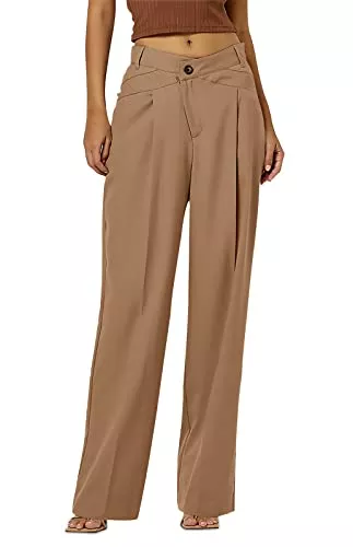 Feziakuk Hosen Feziakuk Damen Palazzo Hose Einfarbig Weite Beine Hosen Casual Stoffhose Mode Knopf Anzughose Freizeithose