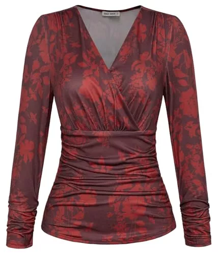 GRACE KARIN Langarmblusen GRACE KARIN Damen V-Ausschnitt Bluse Elegant Wickelbluse Laterne Langarm Slim Fit Plissee-Top Tunika Bluse