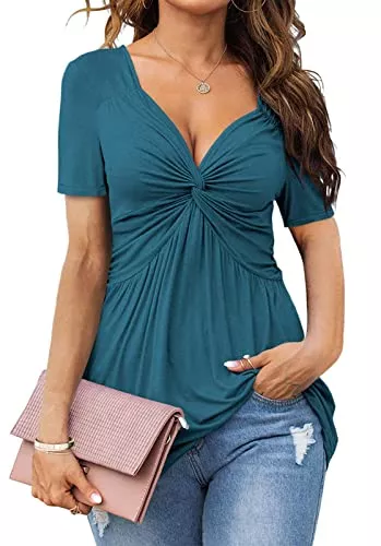 Tankaneo Ärmellose Blusen Tankaneo Damen V Ausschnitt Elegant Blusenshirt Front Knotted T-Shirt Kurzarm Dame Tunika Blusen Tops Oberteile
