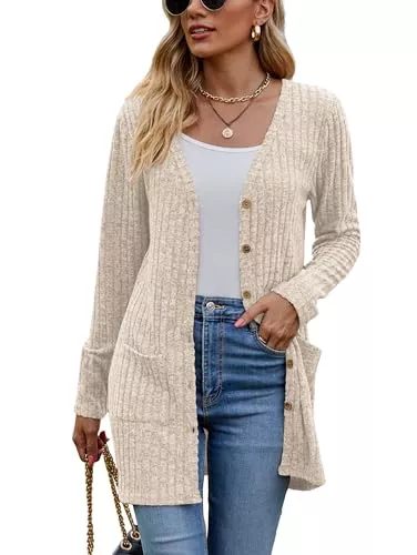 Famulily Strickjacken Famulily Frauen Langarm Open Front Cardigans, Button Down V Neck Leichte Outwear Pullover mit Taschen