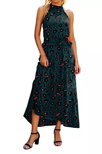 Awemeal Freizeit Awemeal Sommerkleid Damen Lang Blumenmuster Boho Kleid Ärmellos Neckholder Strandkleid Rüsche Maxikleid mit Gürtel