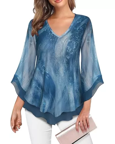 Datuhao Langarmblusen Datuhao Damen Bluse 3/4 Arm Elegant Tunika Shirt Doppellagig V-Ausschnitt Mesh Locker Oberteil mit Glockenärmeln