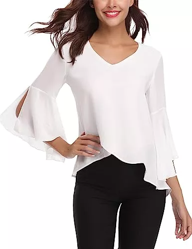 Gyabnw Langarmblusen Gyabnw Damen Chiffon Bluse Volantärmeln Tunika 3/4 Arm Elegant Chiffontunika Festlich Chiffon Bluse V Ausschnitt Oberteill mit Trompetenärmeln