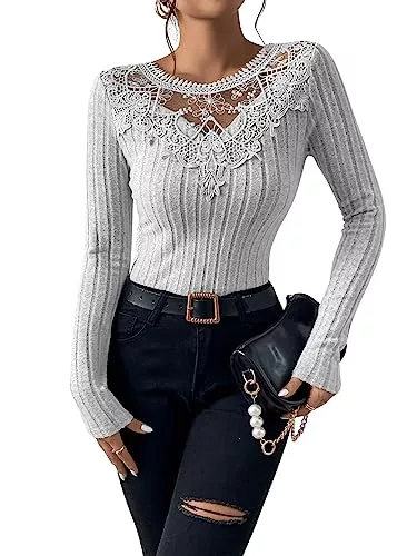 GORGLITTER Langarmblusen GORGLITTER Langarmshirt Damen Elegant Mit Spitze Rippenstrick Oberteil Spitzenshirt Durchsichtige Spitzen Top