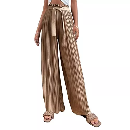 Estink Hosen Plissee-Hose mit Weitem Bein für Damen, Hohe Taille, Elegante Freizeithose mit Gürtel, Polyester-Faltenhose für die Tägliche Arbeit