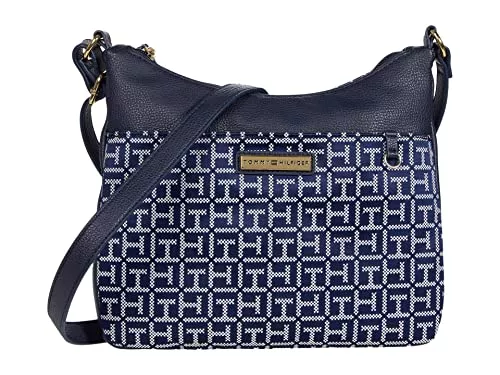 Tommy Hilfiger Taschen & Rucksäcke Tommy Hilfiger Naomi II Novelty Umhängetasche, quadratisch, Monogramm, Jacquard, Marineblau/Weiß, Einheitsgröße