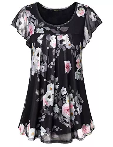 Vafoly Kurzarmblusen VAFOLY Damen Kurzarm Bluse Shirts Blumen Mesh Rundhals Falten Tunika Oberteile