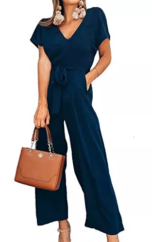 ASOMI Jumpsuits ASOMI Jumpsuit Damen Sommer Lang: Büro Tasche Mode Hawaii Overall Reißverschluss Lässig Elegant Urlaub Hosenanzug Gürtel Strand Kurzarm V-Ausschnitt Homewear Hohe Taille