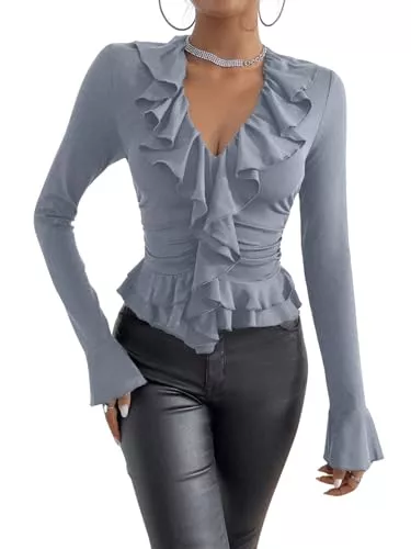GORGLITTER Langarmblusen GORGLITTER Langarmshirt Mit Rüschen Damen Gerafftes Oberteil Rüschen Bluse Elegantes Top V Ausschnitt Shirt