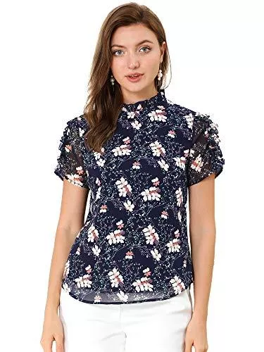 Allegra K Kurzarmblusen Allegra K Damen Kurzarm-Schlüsselloch-Chiffon-Blumenbluse Rüschenhals Frauen