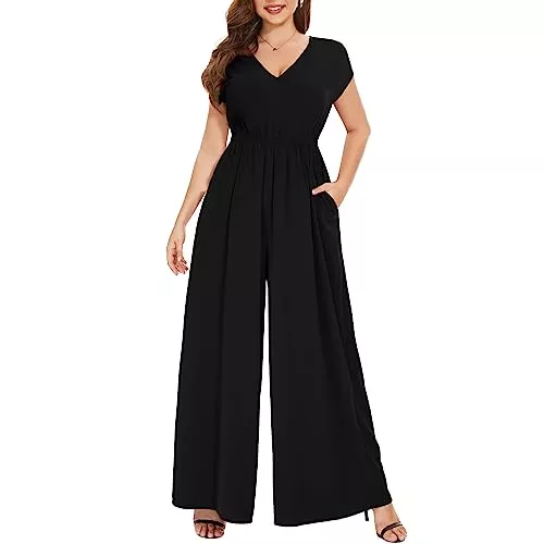 Tanmolo Jumpsuits Tanmolo Damen Jumpsuit Elegant Sommer Ärmellos V-Ausschnitt Overall Weites Bein Romper Mit Taschen