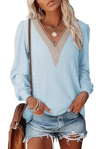 Dokotoo Langarmblusen Dokotoo Damen Bluse Elegant Spitzen V Ausschnitt Langarmshirt Casual Lose Oberteile Shirt Tops S-XXL