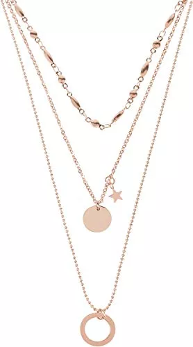 styleBREAKER Schmuck styleBREAKER Damen Edelstahl Layer Halskette 3-reihig mit Ring, Stern und rundem Anhänger, Ankerkette, Kugelkette, Schmuck 05030060