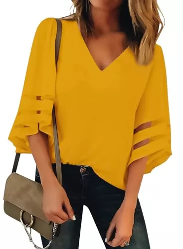 Dokotoo Langarmblusen Dokotoo Bluse Damen Elegant 3/4 Arm V-Ausschnitt Tunika Damen Sommer Spitzen Oberteile Chiffon Bluse Damen Mode Leger Locker Tops Shirt S-XXL