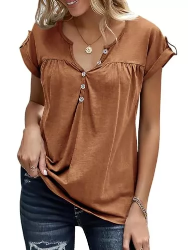 Tankaneo T-Shirts Tankaneo Damen V-Ausschnitt Rolled Kurzarm T-Shirts Henley Tees Sommer Tops Lose Casual Button Up Solid Tunika Bluse Oberteile