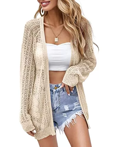 XuBa Strickjacken XuBa Strickjacke Damen Sommer,Leichte Dünne Häkeln Langarm Strand Strickjacke Cover Up