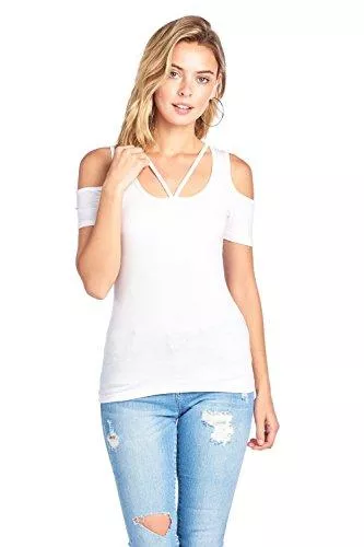 Khanomak T-Shirts Khanomak LŠssige Stretch Short Sleeve Kalte Schulter V-Ausschnitt Caged Ausschnitt Front Oben