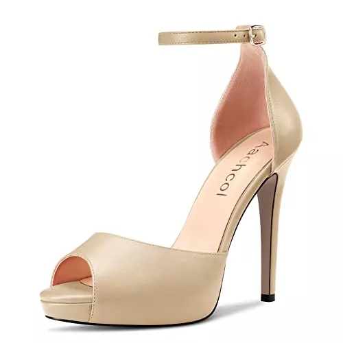 Aachcol High Heels Aachcol Damen Plateau Plattform Sandalen Peep Open Zehenkappe Knöchelriemen Stiletto Hoher High Absatz Heel Dress Schuhe Pumps Hochzeit Matt 12 CM