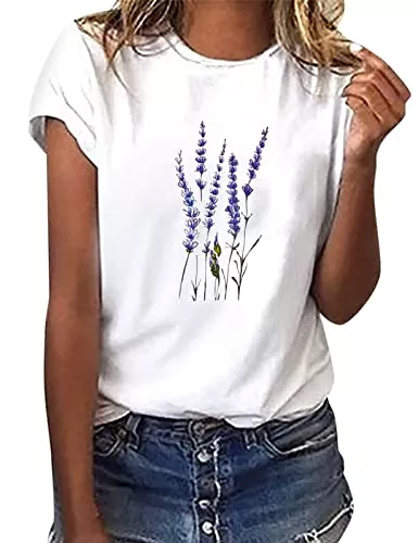 heekpek T-Shirts heekpek Sommer T-Shirt Damen Basic T Shirt Bedrucken Rundhalsausschnitt Weiß Oberteile Baumwolle Casual Damen Kurzarm Bluse Tops