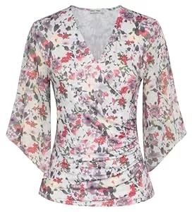 GRACE KARIN Langarmblusen GRACE KARIN Damen Elegant Chiffon Bluse 3/4 Ärmel Loose Fit V-Ausschnitt Tops Blumendruck Casual Shirt