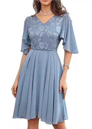 GRACE KARIN Cocktail GRACE KARIN Damen Elegant Cocktailkleid V-Ausschnitt Spitzenkleid Chiffon Knielang A-Line Abendkleid Party