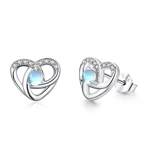 StoryMidir Schmuck Herz Ohrringe 925 Sterling Silber Keltischer Knoten Ohrstecker Kubikzirkon Mondstein Ohrringe Hypoallergene Ohrringe für Damen Empfindliche Ohren