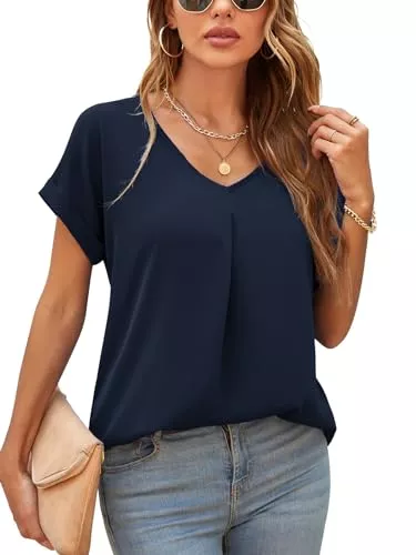 Yommay Kurzarmblusen Yommay Damen Bluse Sommer Elegant V-Ausschnitt Tunika Shirt Oberteil Flowy Kurze Ärmel Chiffon Tops