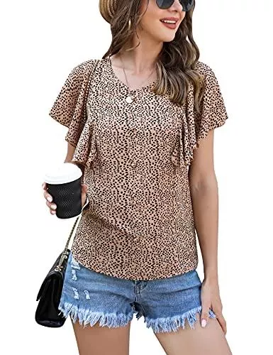 Irevial Kurzarmblusen Irevial Chiffonbluse Damen Fledermaus Batwing Tunika T-Shirt Top Bluse V-Ausschnitt Rundkragen Sommer Casual Loose Fit