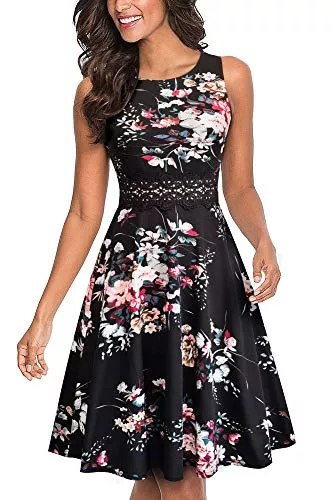 HOMEYEE Cocktail HOMEYEE Damen Vintage Rundhalsausschnitt Blumen Bestickt Knielang Elegant Cocktailkleid UKA079