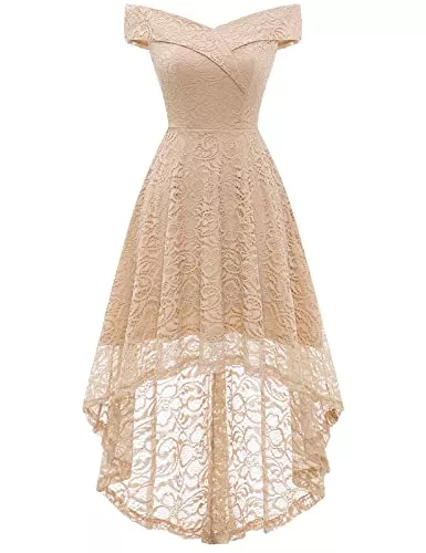 Homrain Cocktail Homrain Damen Cocktailkleid Elegant Floral Spitze Kleid Schulterfrei Ballkleid Swing Rockability A-Linie High Low Abendkleid