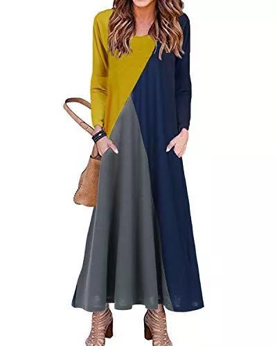 YOINS Freizeit YOINS Maxikleid Damen Rundhals Strickkleider Kleider Baggy Kleid Fest Tasche Lose Colorblock l Langes Kleider für Damen