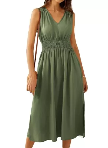 GRACE KARIN Freizeit GRACE KARIN Damen Sommerkleid V-Ausschnitt Elastischer Taille Ärmelloses Seitenschlitz A Linien Kleid mit Taschen