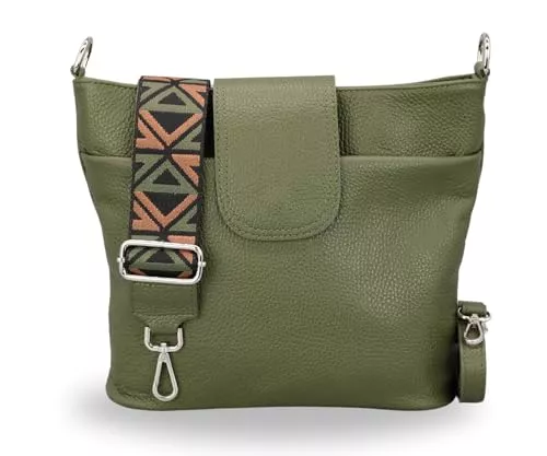 Brise Art Taschen & Rucksäcke BRISE Damen Umhängetasche ELLIE Handgemachte Crossbody Bag Echtes Leder mit Ledergurt + Breiten Gemusterten Riemen 7 Fächer Wasserdichte Stylische Made in Italy Schultertasche