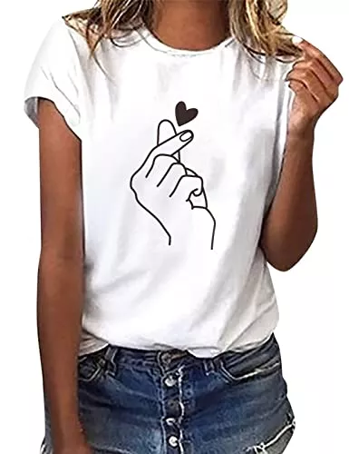 heekpek T-Shirts heekpek Sommer T-Shirt Damen Basic T Shirt Bedrucken Rundhalsausschnitt Weiß Oberteile Baumwolle Casual Damen Kurzarm Bluse Tops