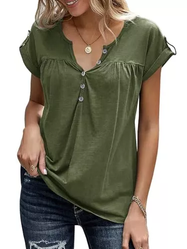 Tankaneo T-Shirts Tankaneo Damen V-Ausschnitt Rolled Kurzarm T-Shirts Henley Tees Sommer Tops Lose Casual Button Up Solid Tunika Bluse Oberteile