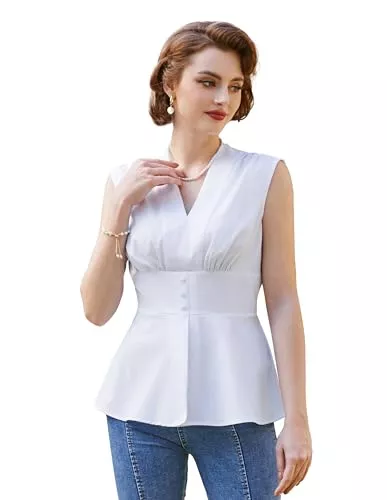 Belle Poque Ärmellose Blusen Belle Poque Damen Vintage Bluse Ärmellos V-Ausschnitt Tank Top A-Linie 1950er Blusenshirt Sommer Party