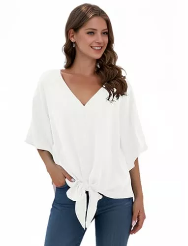 Anelune Langarmblusen Anelune Damen Chiffon Blusen mit V-Ausschnitt und Bindung vorne Fledermausärmel Kurzarm Sommerliche Oberteile und Hemden